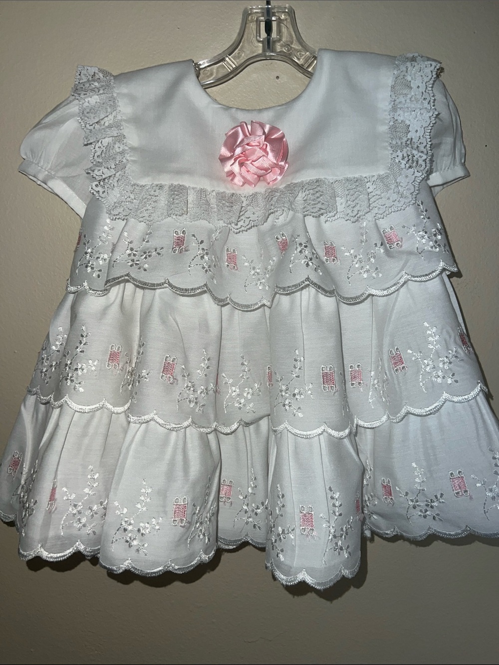 Vintage White Embroidered Tiered Baby Dress with Pink Rosette